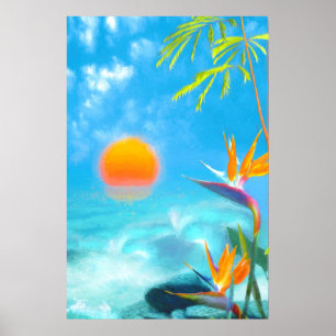 BEACH SUNSET Birds of Paradise Poster
