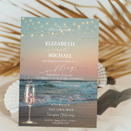 Beach Sunset,Champagne Glass Script Bröllop Inbjudningar