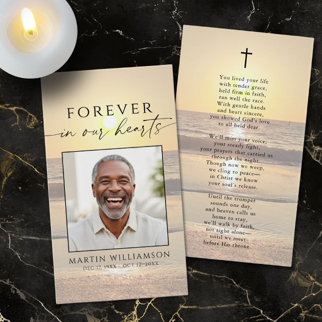 Beach Sunset Forever Hearts Sympathy Prayer Card Visitkort (Skapare uppladdad)