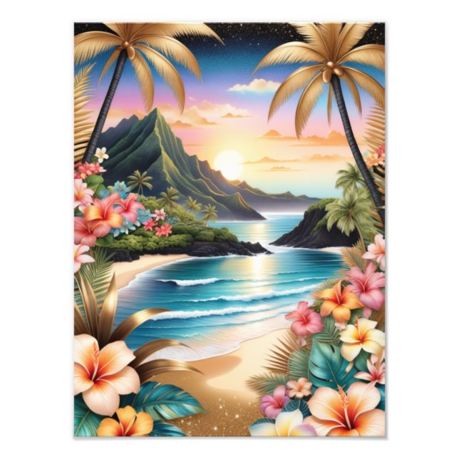 Beach Sunset med Handflatan Träd och Flowers Fototryck (Framsidan)