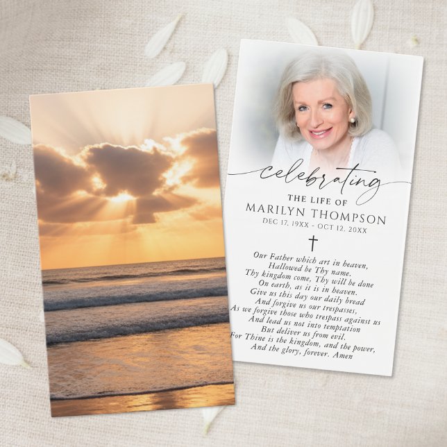 Beach Sunset Photo Cross Funeral Prayer Card Visitkort (Skapare uppladdad)
