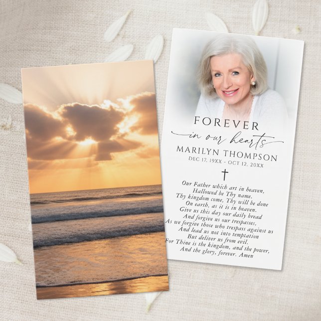 Beach Sunset Photo Cross Funeral Prayer Card Visitkort (Skapare uppladdad)