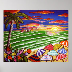 Beach Sunset Siesta Nyckel Folk Art Poster