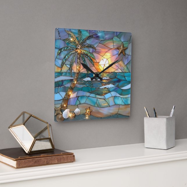 Beach Sunset Stained Glass Wall Clock Fyrkantig Klocka (Kontor)