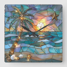 Beach Sunset Stained Glass Wall Clock Fyrkantig Klocka