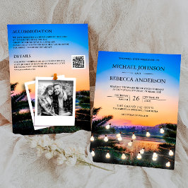 Beach Sunset String Lights Photo QR Code Wedding Inbjudningar