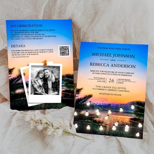 Beach Sunset String Lights Photo QR Code Wedding Inbjudningar (Skapare uppladdad)