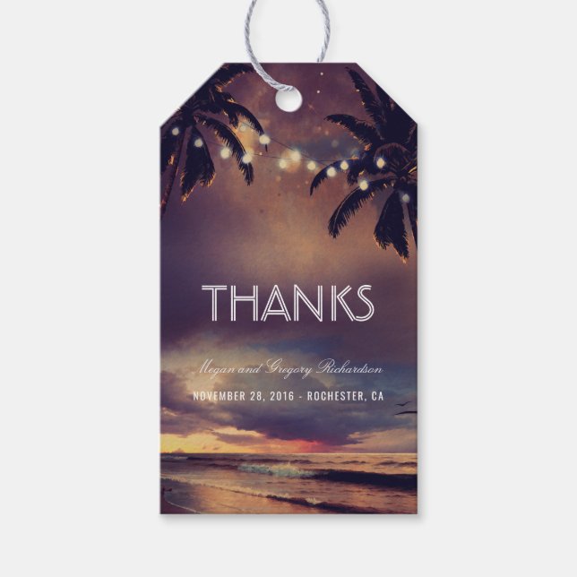Beach Sunset String Ljus Handflatan Bröllop Presentetikett (Framsidan)
