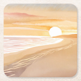 Beach Sunset Watercolor | Beautiful Yellow  Underlägg Papper Kvadrat