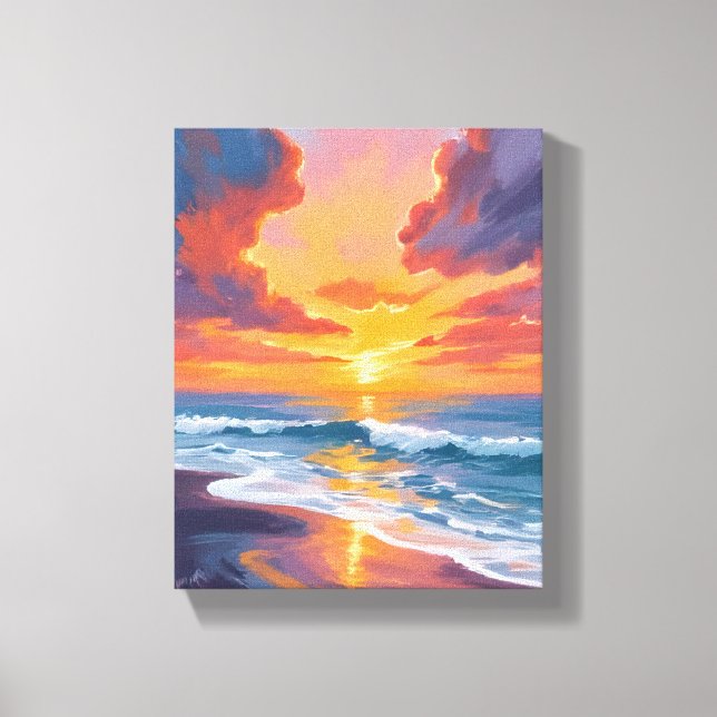 Beach Sunset Watercolor Ocean Painting Canvastryck (Framsida)