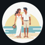 Beach Sunset Wedding Sticker Runt Klistermärke<br><div class="desc">Romantic beach wedding scene sticker featuring a loving couple under a sunset,  perfect for wedding decor and gifts.</div>
