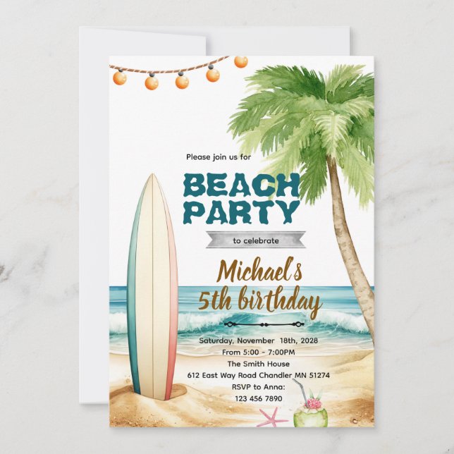 Beach surf theme invitation inbjudningar (Framsida)
