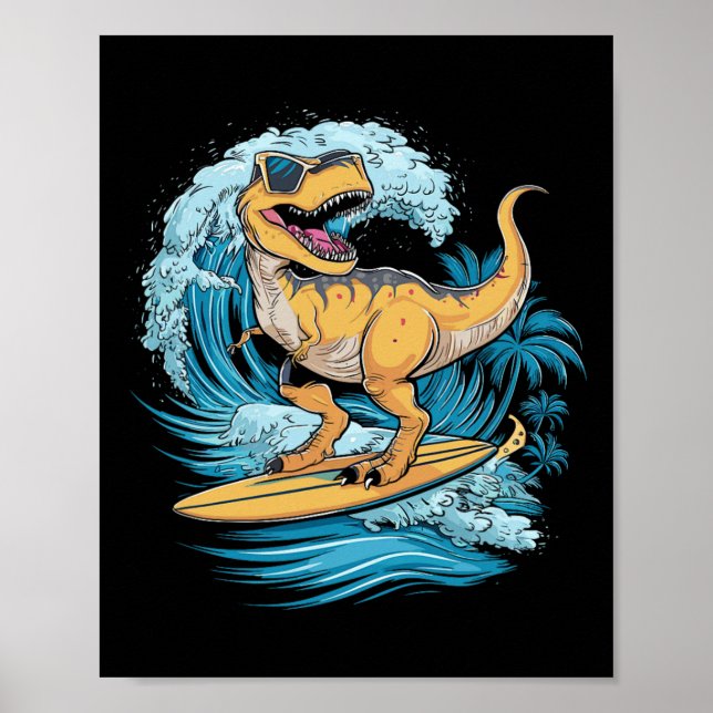 Beach Surfing Dinosaur T-rex Surfer  Poster (Framsidan)