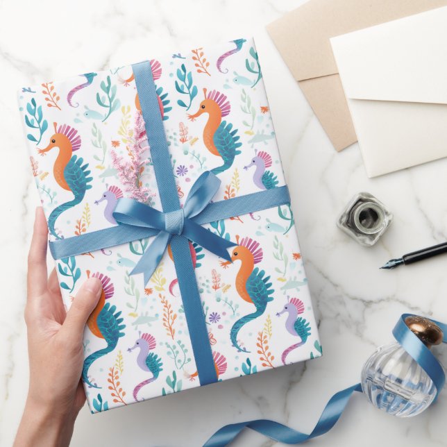 Beach-tema för kammussla, tropiska sjöhästar presentpapper (Gifting)