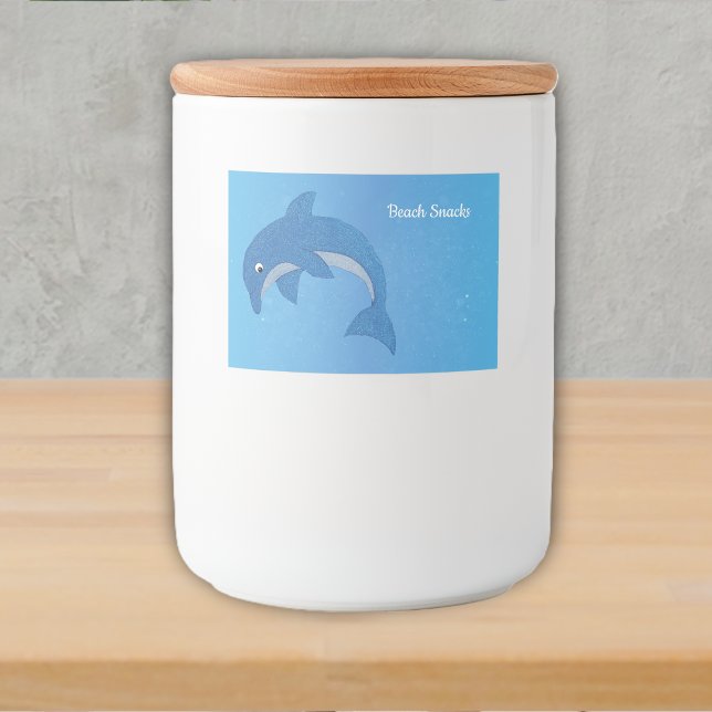 Beach-temat, Gnistra, blå delfinjupposition Mat Etiketter (Glittery cute blue white jumping dolphin on pretty blue food container label.)