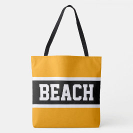 BEACH Text Bold Bright Gult Black White Rand Tygkasse