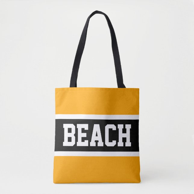 BEACH Text Bold Bright Gult Black White Rand Tygkasse (Framsida)