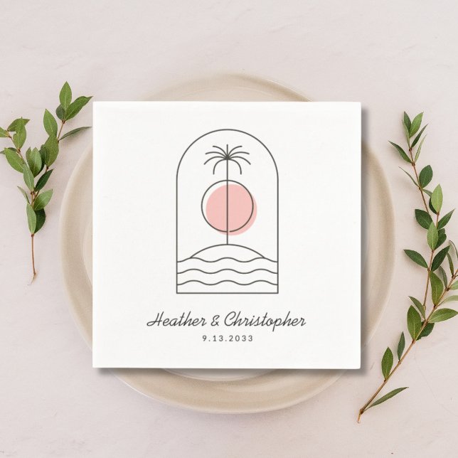Beach Theme Bröllop Napkins Anpassningsbar Färg Na Pappersservett (Beach Theme Wedding Napkins Custom Color Napkins Custom Name with Palm Tree)