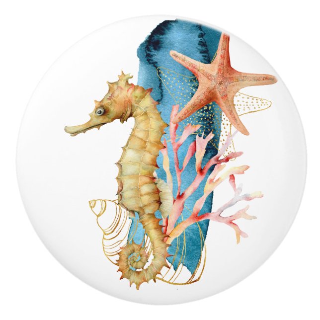 Beach Theme Seahorse Watercolor Art Ceramic Knob Knopp (Framsidan)
