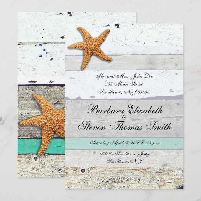 Beach Theme Starfish Bröllop Rustic Inbjudningar (Fram/baksida)