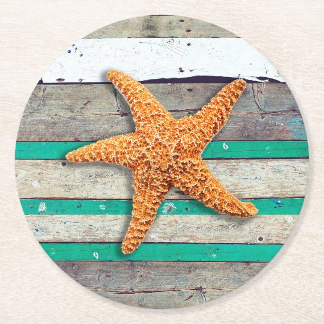 Beach Theme Starfish Bröllop Rustic Underlägg Papper Rund (Framsidan)