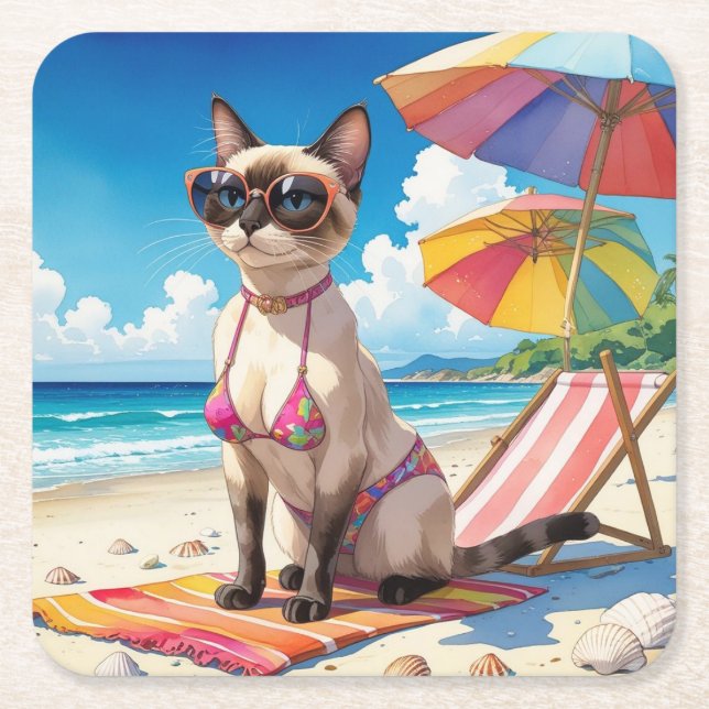 Beach themed for Siamese Cat lovers Underlägg Papper Kvadrat (Framsidan)
