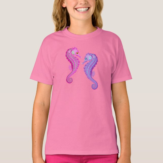 Beach Themme Rosa and Lila Seahorse T-shirt (Framsida)