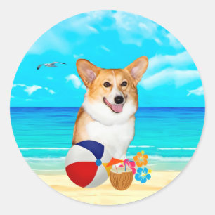 Beach Time Corgi Runt Klistermärke