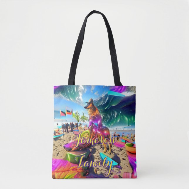 Beach Tote Bag Family German Shepherd Hund Tygkasse (Framsida)