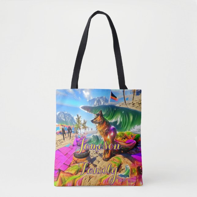 Beach Tote Bag Family Sand German Shepherd Hund Tygkasse (Framsida)