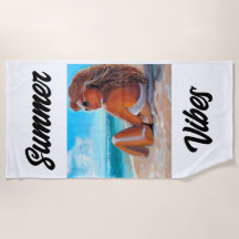 BEACH TOWEL UNIQUE PAINTING GIRL SITTA ON BEACH