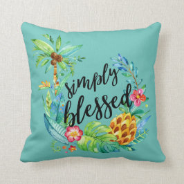 Beach Tropical Blommigt Blsed Handflatan Träd Teal Kudde