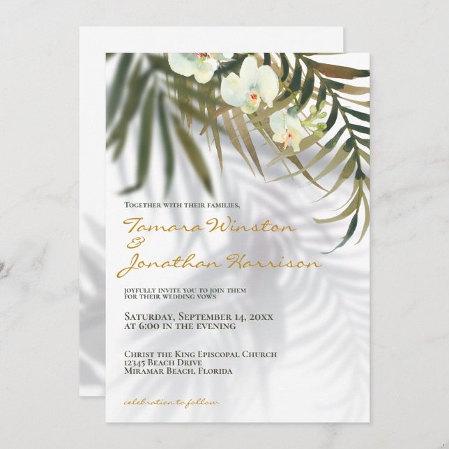 Beach Tropical Greenery Shadow Destination Wedding Inbjudningar (Fram/baksida)