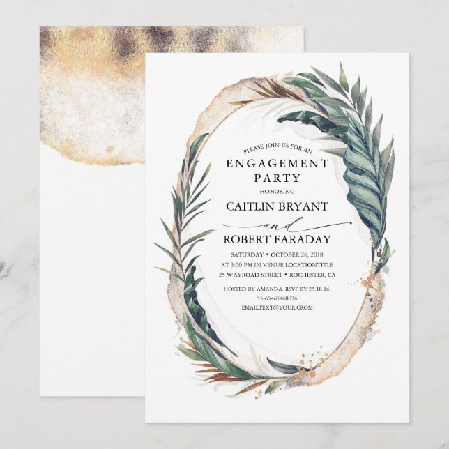 Beach Tropical Handflatan Lövs Guld Förlovningsfes Inbjudningar (Fram/baksida)