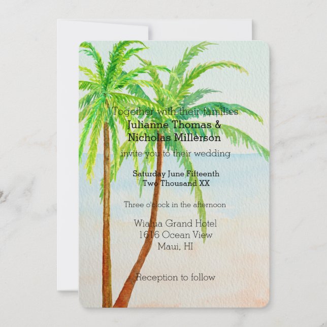 Beach Tropical Handflatan Träd Bröllop Inbjudningar (Framsida)