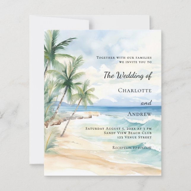 Beach tropical palm destination wedding invitation (Framsida)