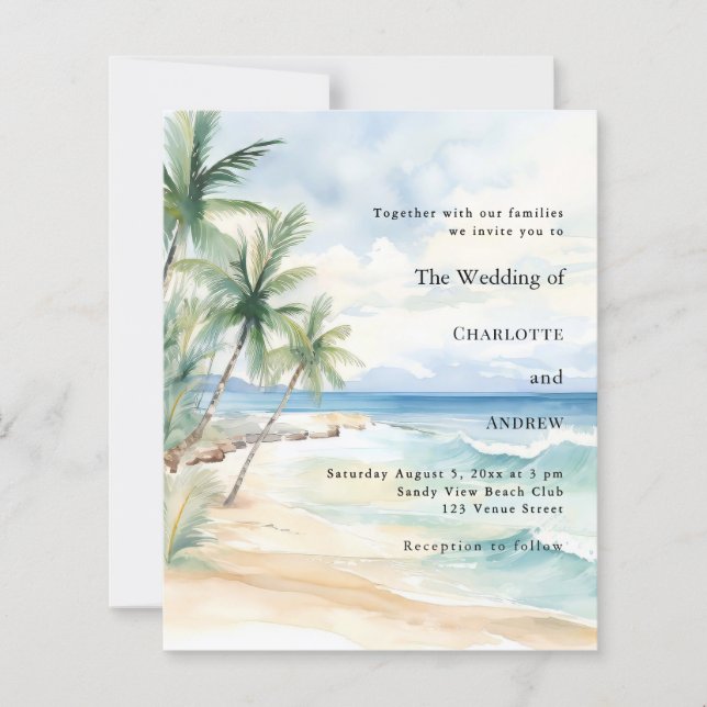 Beach tropical palm destination wedding invitation (Framsida)