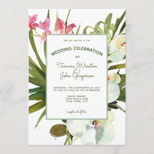 Beach Tropical Rosa Blommigt White Orchids Greener Inbjudningar