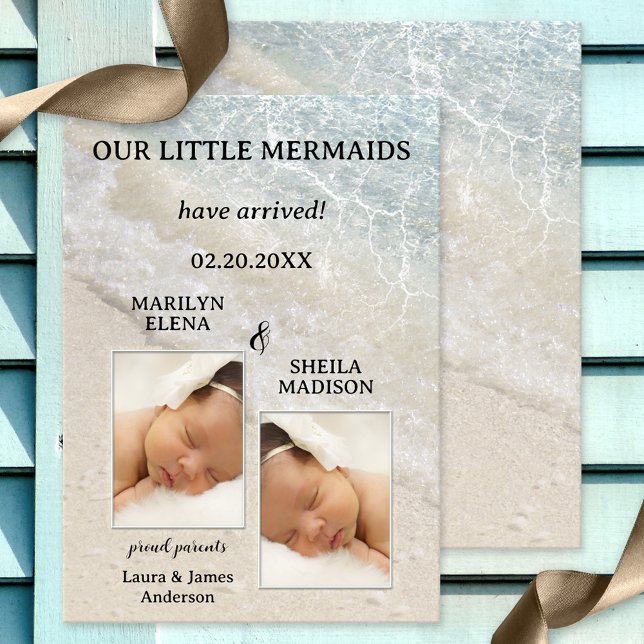 Beach Twillingar Baby Birth Photo Announcement Car Meddelande (Beach baby photo birth announcement card with photos of your own baby or twins, framed by a beach)