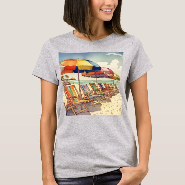 Beach Umbrellas Ocean Scene T Shirt (Framsida)