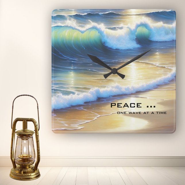 Beach Vågar Dream Time Fyrkantig Klocka (Wall clock featuring a peaceful painting of a wave on the beach in the sun.)