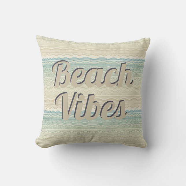 Beach Vibes Beige och Blue Vågar Kudde (Framsida)