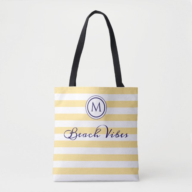 Beach Vibes Gult White Rand Coastal Monogram Tygkasse (Framsida)