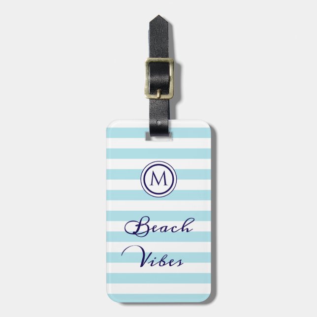 Beach Vibes Nautical Rand Blue White Monogram Bagagebricka (Vertikal Framsida)