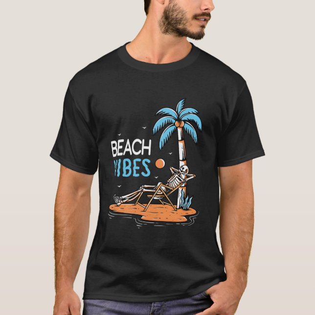 Beach Vibes Ocean Wave Skeleton och Handflatan Trä T Shirt (Framsida)