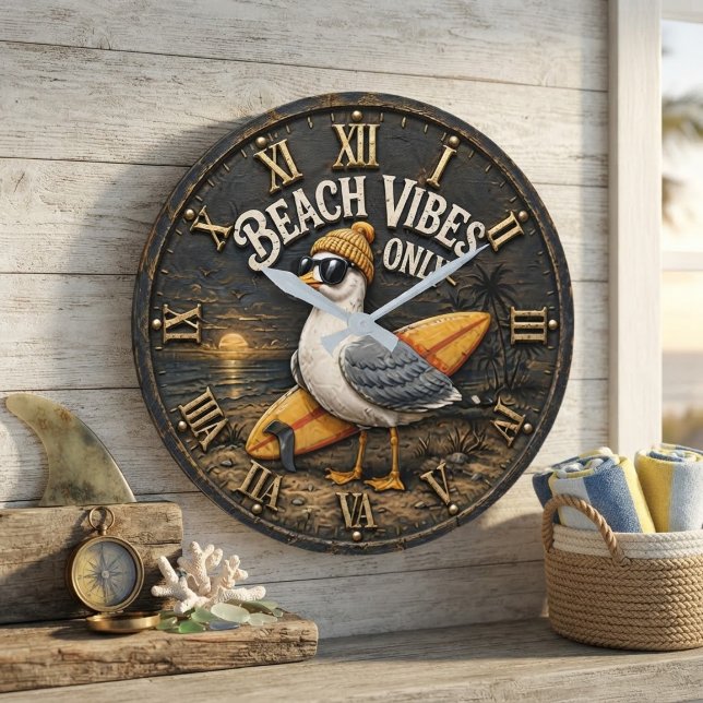 Beach Vibes Only Seagull Coastal Surf Decor Stor Klocka (Skapare uppladdad)