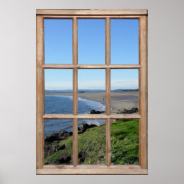 Beach View Illusion från ett Fake Wood-fönster Poster
