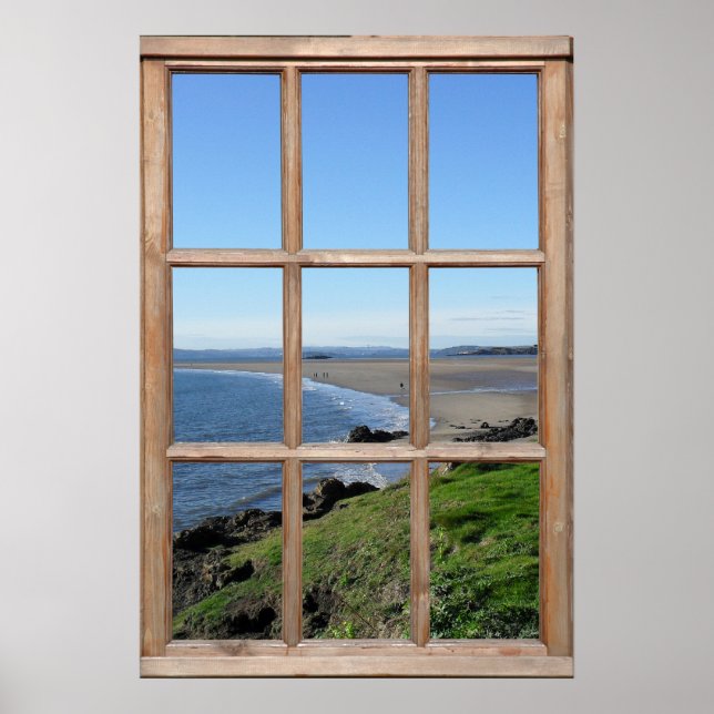 Beach View Illusion från ett Fake Wood-fönster Poster (Framsidan)