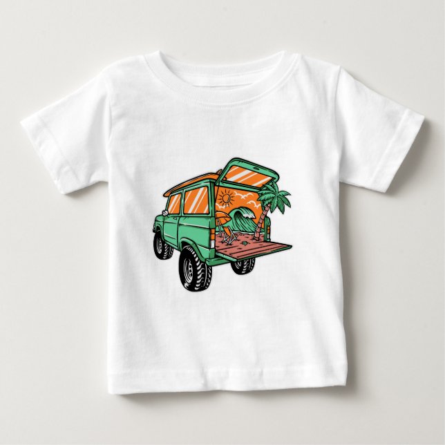 Beach View in Car Illustration Sommar roligt T Shirt (Framsida)