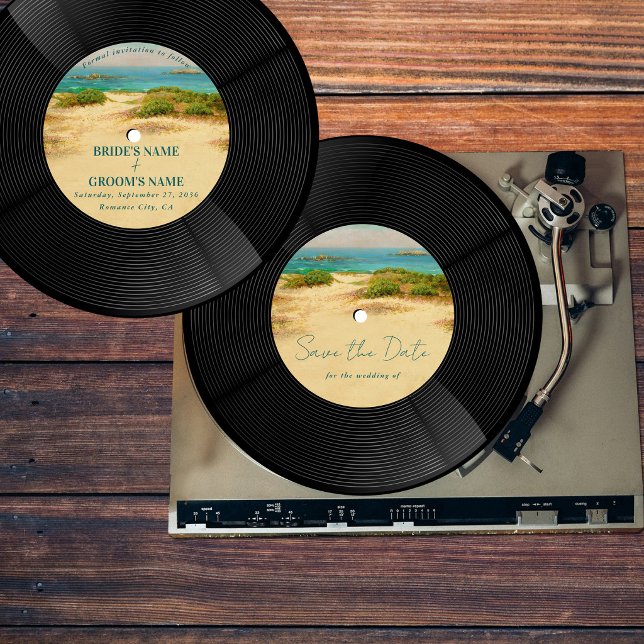 Beach Vinyl Musik Skiva Bröllop Spara Datum Inbjudningar (Beach Vinyl Music Record Wedding Save the Date Invitation)